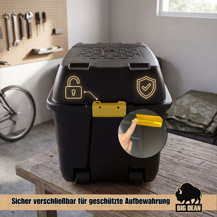 BigDean XXL Transportbox Kissenbox aus Kunststoff in Schwarz mit Rollen und Deckel, abschließbar, B/T/H: 93 x 55 x 53 cm - Bild 2