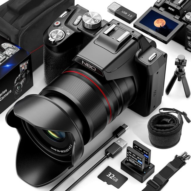 NBD 5K Digitalkamera in Schwarz mit 16-fachem optischem Zoom, WLAN und App-Steuerung sowie 180 Grad drehbarem Bildschirm für Fotografie und Vlogging - Bild 1