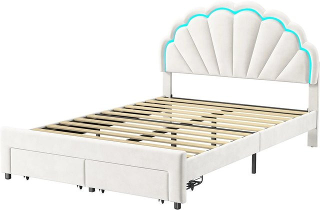 PXloue Kinder Polsterbett aus Samt in Weiß mit LED-Beleuchtung, Schubladen und Lattenrost, B/T/H: 140 x 200 x 107 cm - Bild 1