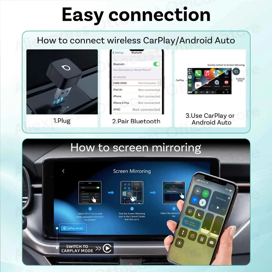 Ottocast Mini Air Tiny Cube 4.0 Kabelloser CarPlay und Android Auto Adapter in Schwarz mit USB-A und USB-C Anschluss für iPhone iOS Bildschirmübertragung - Bild 4