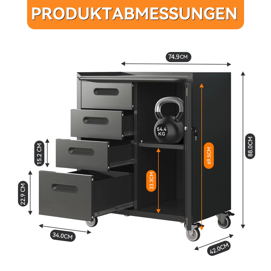 Robuster Werkzeugschrank aus Metall mit Rollen in Schwarz/Grau, B/T/H: 75 x 42 x 88 cm - Bild 2