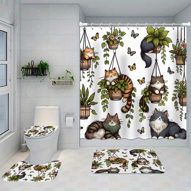 VIKAMA Duschvorhang mit Katzen- und Blumen-Motiv in Multicolour, inklusive 12 Haken, Höhe: 180 cm, Breite: 90 cm - Bild 3