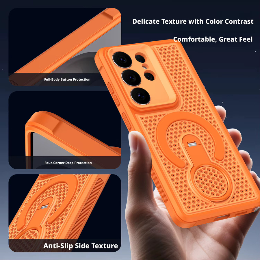 Magnetische 360 Grad Handyhülle mit Stützhalterung und kühlender Wärmeableitung für Samsung Galaxy S25 Ultra, S26 Ultra, S24 Plus und S23 FE in Schwarz oder Orange - Bild 3