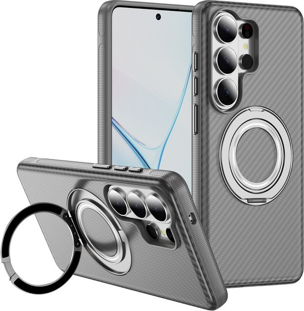 Vyimc Magnetische Handyhülle aus Kohlefaser mit rotierendem Design für Samsung S26 Ultra, S25 Ultra, S24 Ultra und S23 Ultra in Transparent oder Pink, Stoßfeste Rückabdeckung - Bild 1