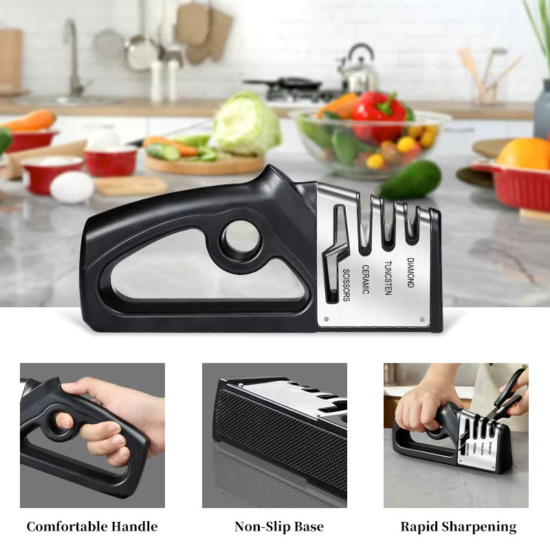 PLYS 4-in-1 Multifunktionales Messerschärfwerkzeug in Schwarz mit rutschfester Basis für den Haushalt - Bild 3