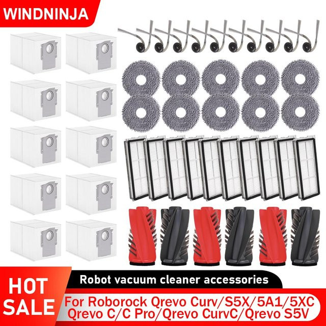 Roborock Ersatzteil-Set für Qrevo Curv, S5X, 5A1, 5XC, Qrevo C, C Pro, Qrevo CurvC, Qrevo S5V, 5AE und P20 PRO mit Hauptbürste, Seitenbürste, Filter, Wischmopp und Beuteln - Bild 1