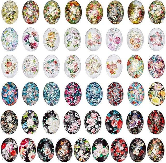 Glas-Cabochons, oval, mit Blumen bedruckt, 25 x 18 mm, 50 Stück - Bild 1
