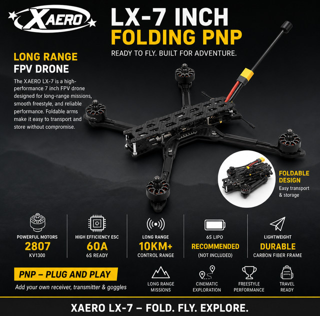 Faltbare 7-Zoll-FPV-Drohne PNP Langstrecken-Quadrocopter in Schwarz mit 2807 Motoren und 60 A Regler - Bild 1