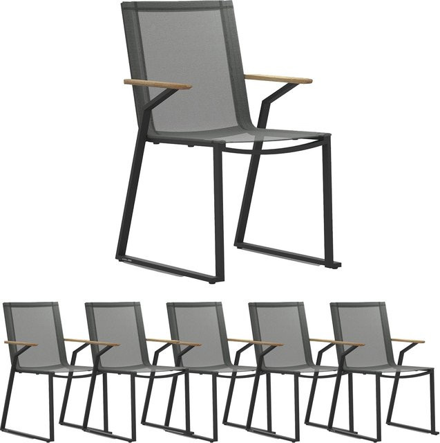 6er Set Zebra Tamax Stapelsessel aus pulverbeschichtetem Aluminium in Graphit mit recyceltem Teakholz - Bild 1