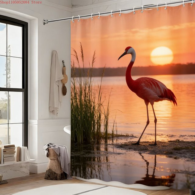 Wasserdichter Duschvorhang von BEAST KINGDOM mit Red Bird at Sunset Lake Motiv in Rot und Multicolour aus Polyester - Bild 1