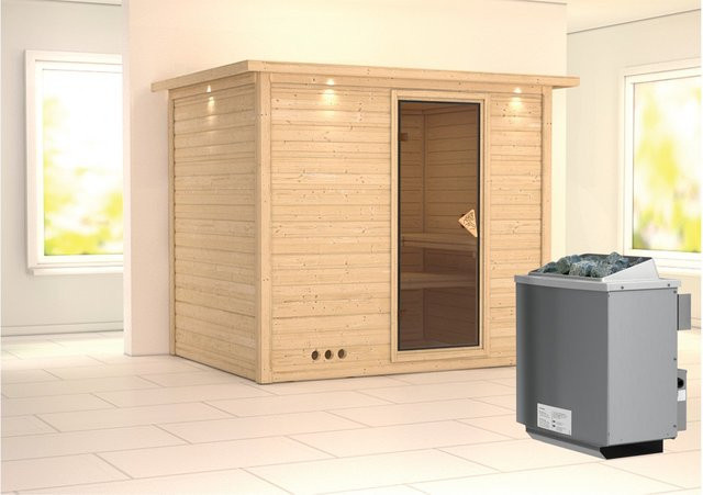 Karibu Sauna Sarina aus Massivholz mit 9,0 kW Ofen, integrierter Steuerung und LED-Dachkranz, B/T/H: 231 x 200 x 196 cm - Bild 1