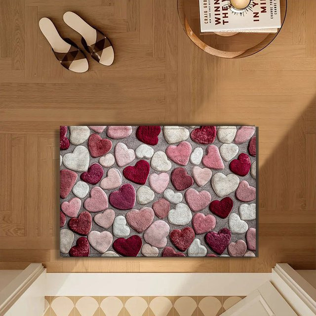 VIKAMA Rutschfeste Badezimmermatte in Rosa mit herzförmigem Steinmuster als weicher Teppich für Badezimmer und Küche - Bild 1