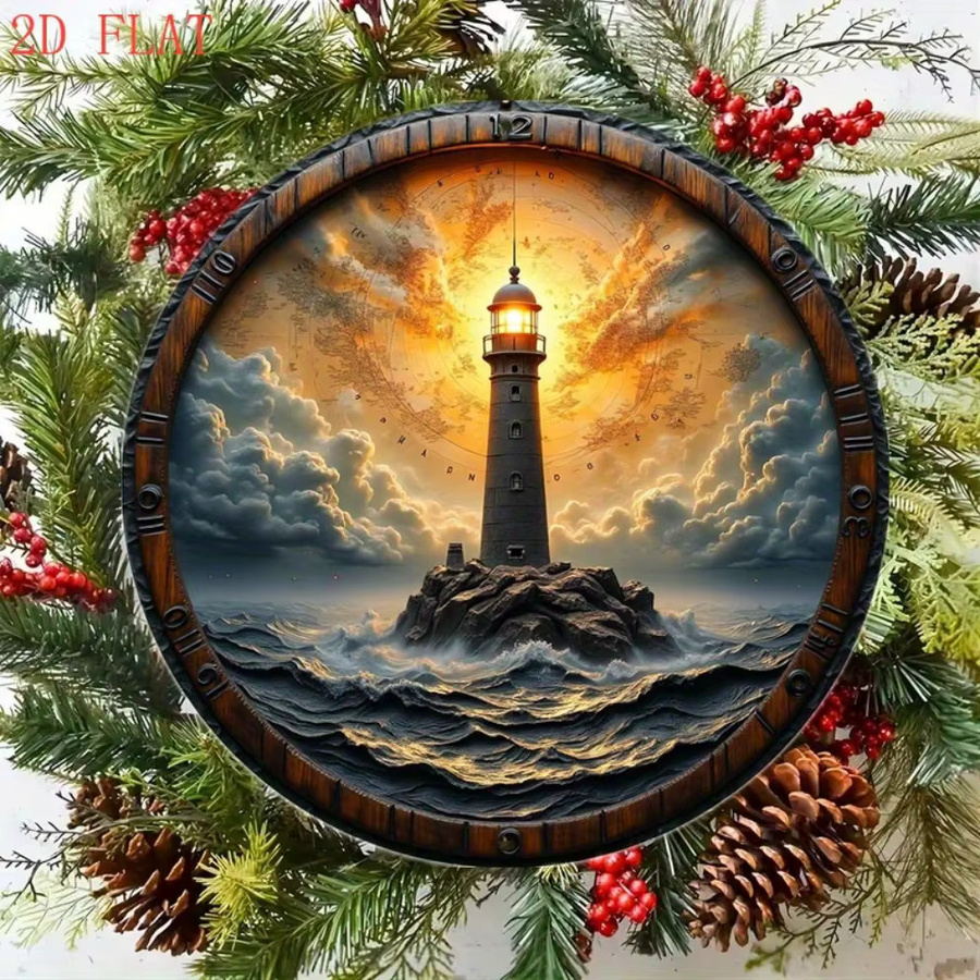 Rundes Aluminium-Wandschild von CIFBUY mit Leuchtturm-Motiv, Wellen und Wolken, Durchmesser: 20,32 cm - Bild 5