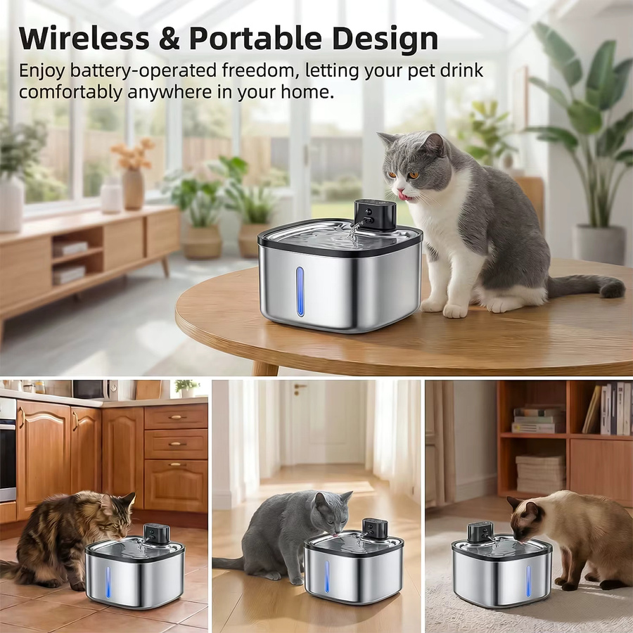 ERAMONG Katzen-Trinkbrunnen aus Edelstahl in Silber, kabelloser Haustier-Wasserspender mit 3,5 l Volumen, automatischem Filter und intelligentem Sensor - Bild 3