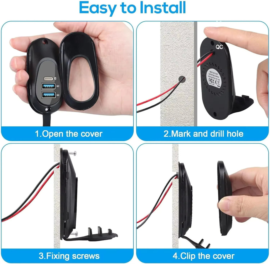 kebidumei 3-Port 12V Wohnmobil USB-Ladebuchse mit QC3.0+PD Schnellladung und USB-Anschluss, wasserdichter Stromadapter für dein Auto in Schwarz - Bild 4