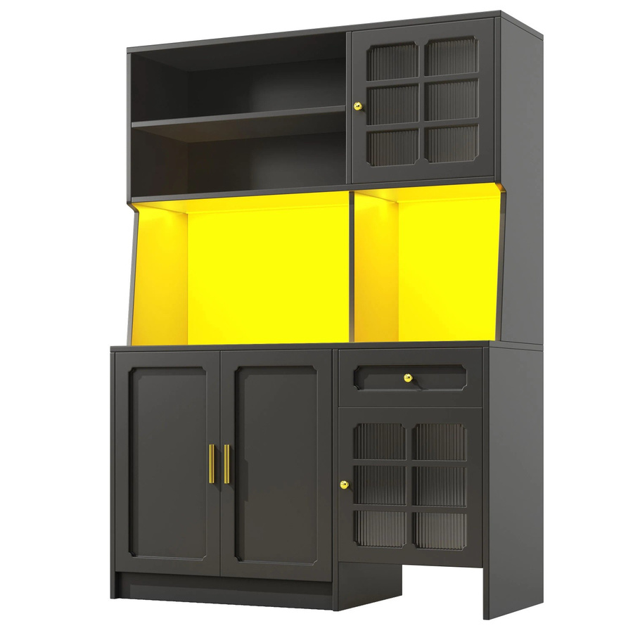okwish Hochschrank für die Küche mit Glastüren und LED-Beleuchtung, Schwarz, B: 130 cm, T: 45 cm, H: 180 cm - Bild 2