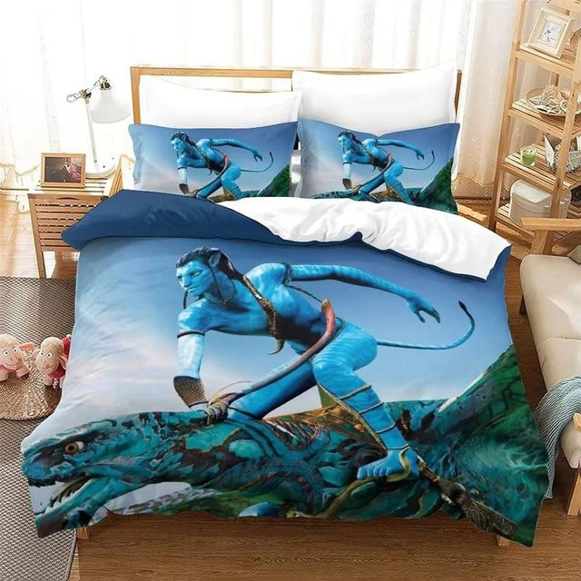 Avatar 3D Effekt Bettwäsche Set aus Mikrofaser mit Kissenbezügen und Reißverschluss, Blau, B/H: 90 x 200 cm - Bild 1