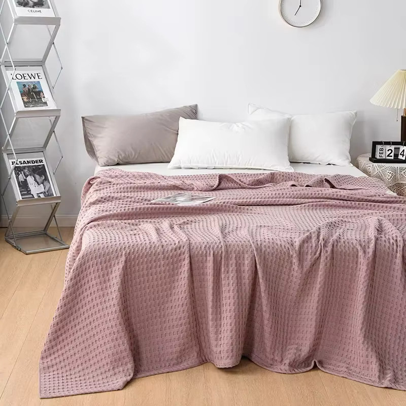Sommer Waffel Plaid Baumwolle Bettdecke, dünne gestrickte Quilt-Bettdecke für Erwachsene, Grün Rosa Gelb, B/T: 150 x 100 cm - Bild 2