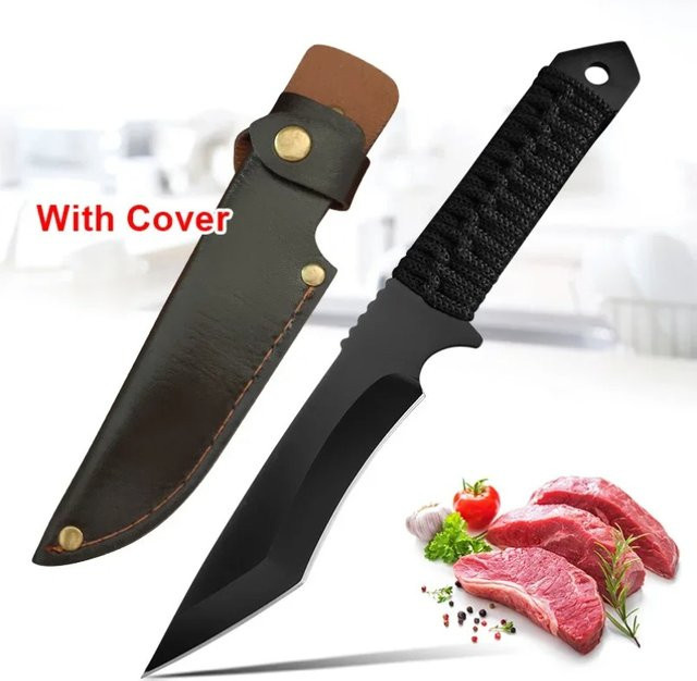 InLeung Chefmesser mit Edelstahlgriff und Seil in Schwarz für Fleisch, Fisch und BBQ - Bild 1