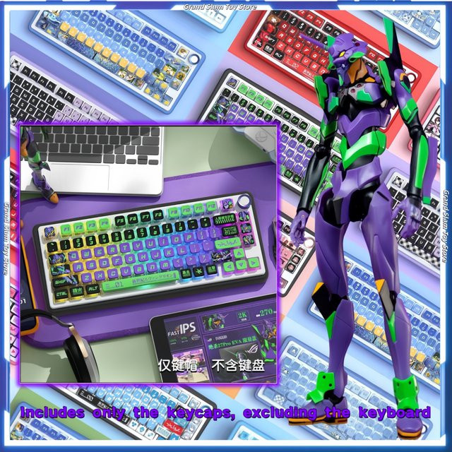 Bandai Neon Genesis Evangelion Tastaturkappen aus transparentem PBT mit Thermosublimation im Anime-Design, Multicolour - Bild 1