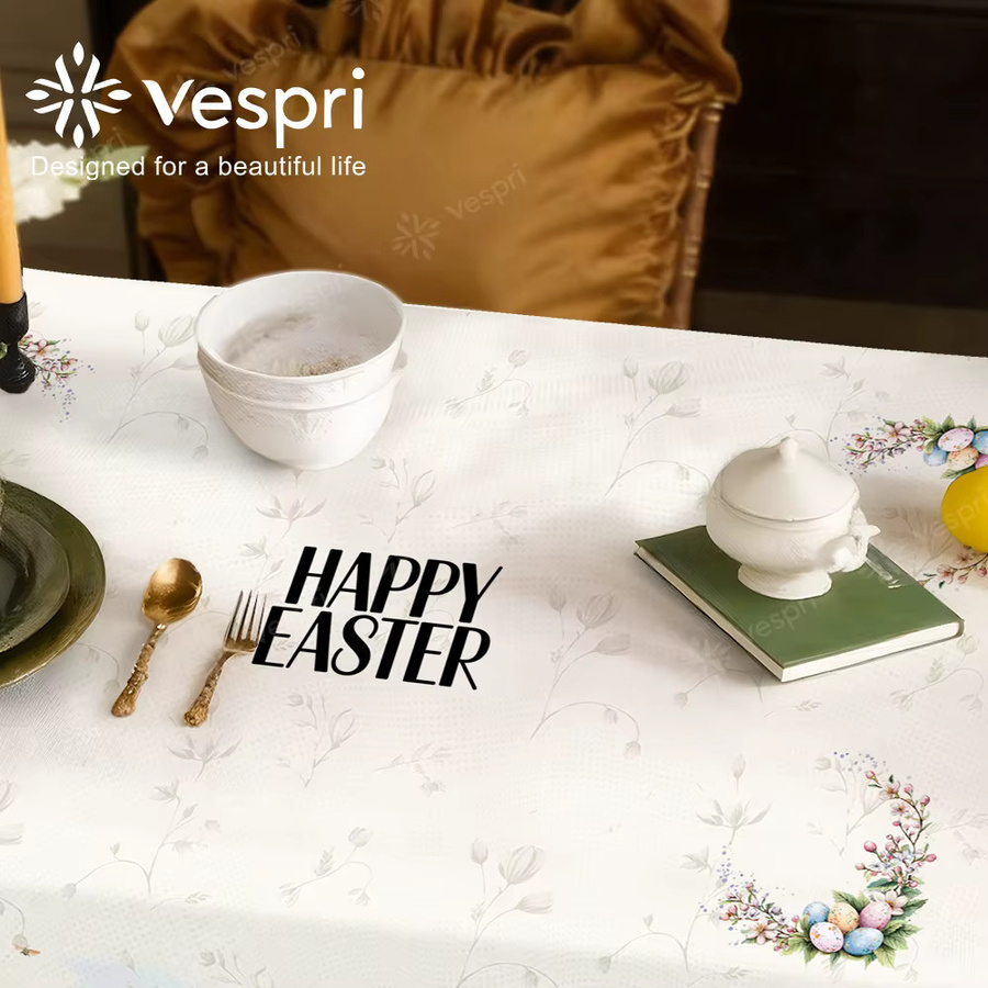 Vespri Oster-Tischdecke mit Blumen, Hasen und Schmetterlingen in Weiß und Hellgrün aus Polyester - Bild 3