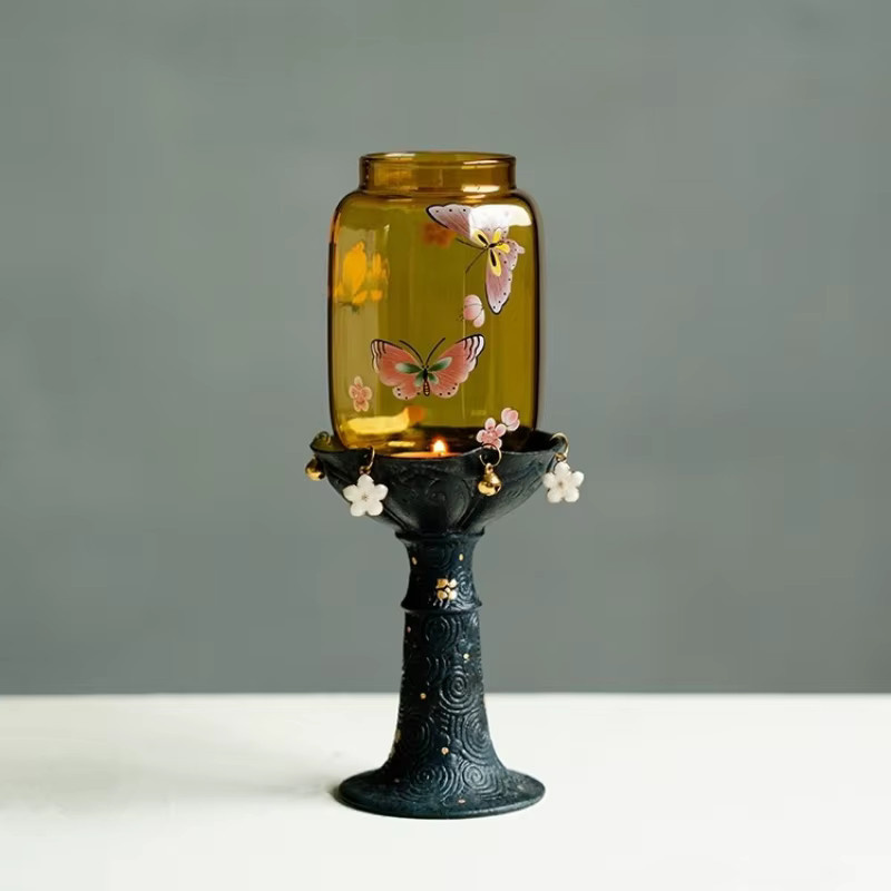 Retro Kerzenständer aus Glas mit Wolkenmuster und floralem Schmetterlingsdesign in Transparent für Tealight-Kerzen - Bild 3