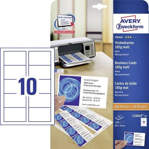 Avery Zweckform Bedruckbare Visitenkarten C32010-25 Weiß, 250 Stück, Papier, B: 85 mm, H: 54 mm - Bild 1