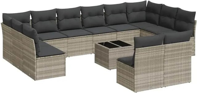 vidaXL 13-tlg. Garten-Sofagarnitur in L-Form aus Poly-Rattan mit Kissen und Couchtisch, Hellgrau - Bild 1