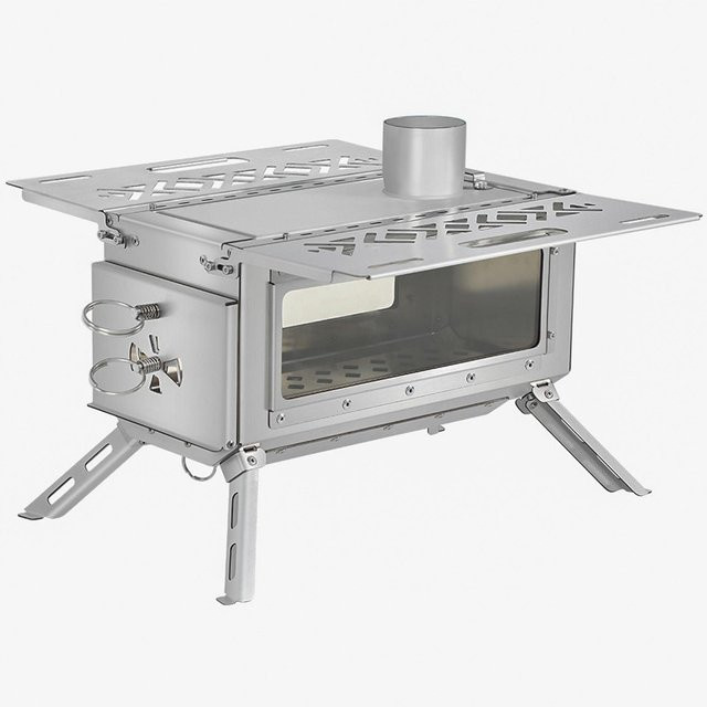 Tragbarer Outdoor Holzofen von Meterk als platzsparende Camping Feuerstelle mit Glasfenster in Silber - Bild 1