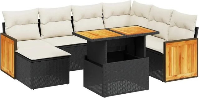 vidaXL 8-teilige Garten-Sofagarnitur aus Poly-Rattan und Akazienholz in Schwarz mit cremeweißen Kissen - Bild 1