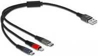 Delock USB 2.0 Kombi-Ladekabel mit USB-A, USB-C, Micro-USB und Lightning Stecker, Schwarz, 0,3 m - Bild 1