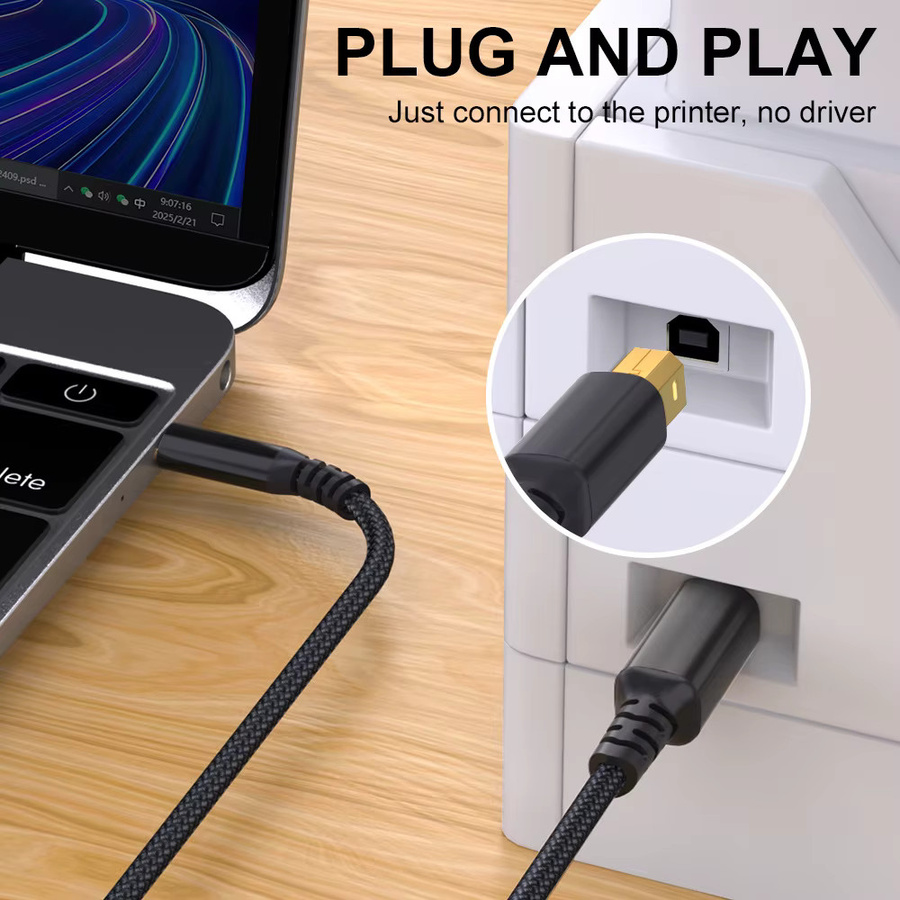 USB-C auf USB-B 2.0 Hochgeschwindigkeits-Druckerkabel aus grauem Nylon für Drucker, Scanner und MIDI-Controller - Bild 3