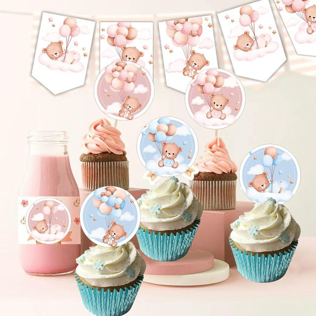 Rosa und blaue Party-Dekoration aus Papier mit Bär, Ballon und Cupcake-Toppern für Baby-Geburtstagsfeiern - Bild 1