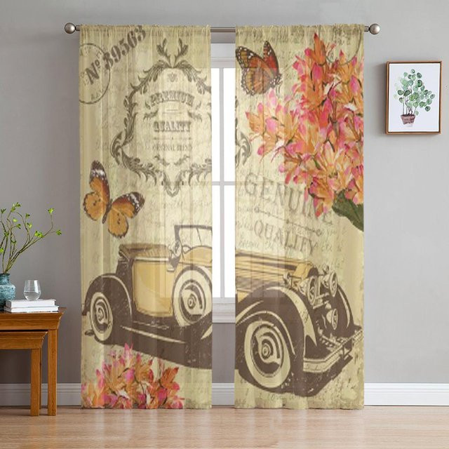 Super Six Transparenter Tüll-Fenstervorhang mit Vintage Retro Auto, Schmetterlingen und Blumen in Beige, Breite: 135 cm, Höhe: 114 cm - Bild 1