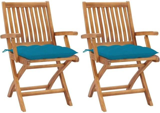 vidaXL Gartenstühle Set aus 2 Stück aus Teakholz mit hellblauen Kissen in Braun - Bild 1