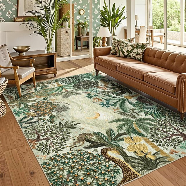 Lodestar Boden Teppich mit Tropischem Dschungel Muster, Tiger und Palmen, Rutschfest und Waschbar, B/T: 80 x 120 cm - Bild 1