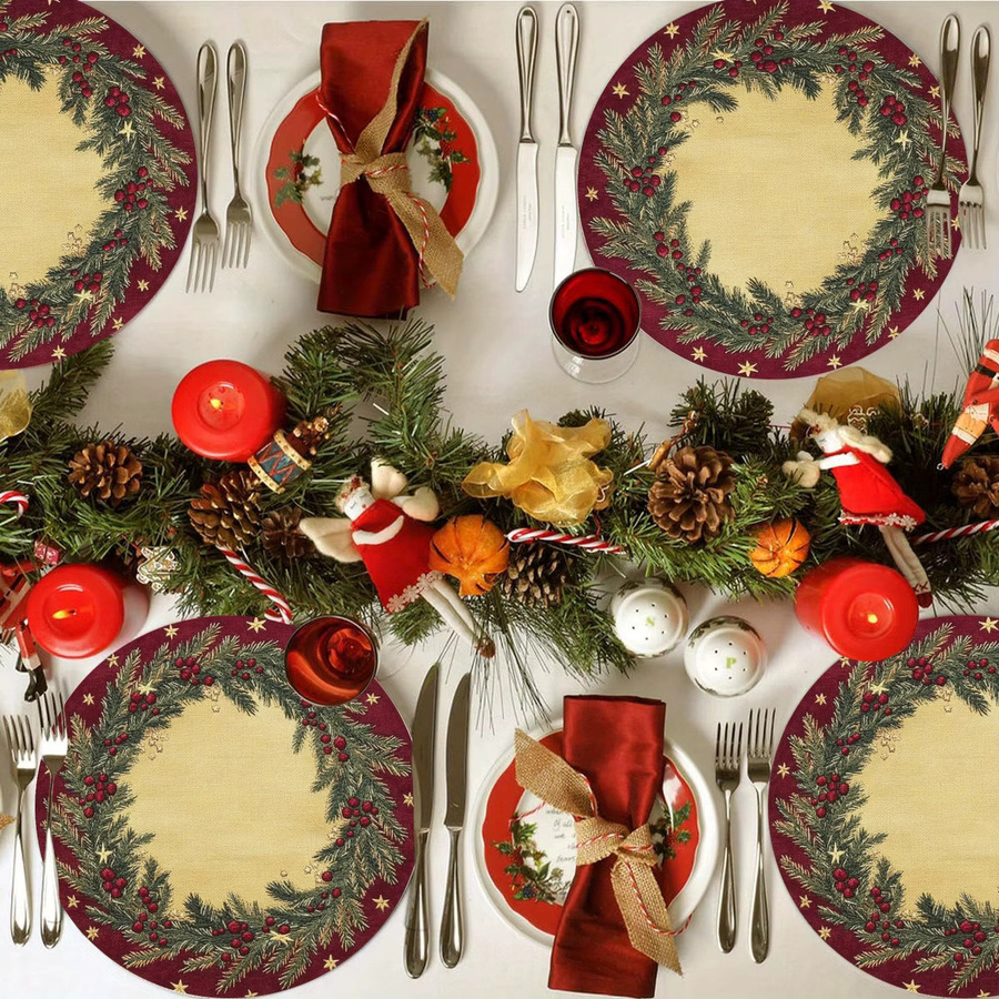 VIKAMA 4-teiliges rundes Weihnachts-Tischset mit weinrotem Kiefernzweig- und Beerenmuster - Bild 4