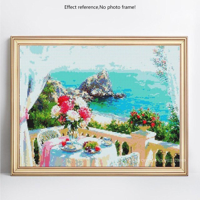 FIYO 5D-Diamantgemälde Meer und Blumen in Blau und Multicolour, rundes Stickerei-Set mit Strassbild und Canvas-Leinwand - Bild 1