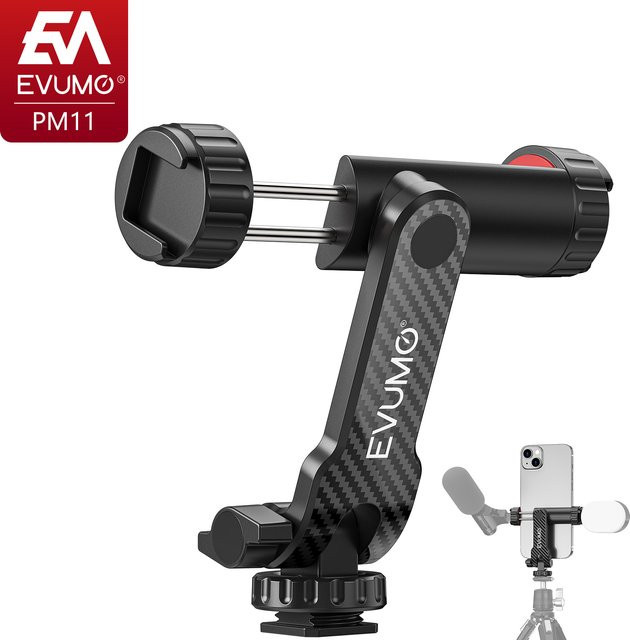 EVUMO PM11 Telefonhalter Klemme mit Dual Cold Shoe Clip, 360 Grad drehbar und 180 Grad neigbar, Schwarz, für 1/4 Zoll Stativ und Kamera-Einbeinstativ - Bild 1