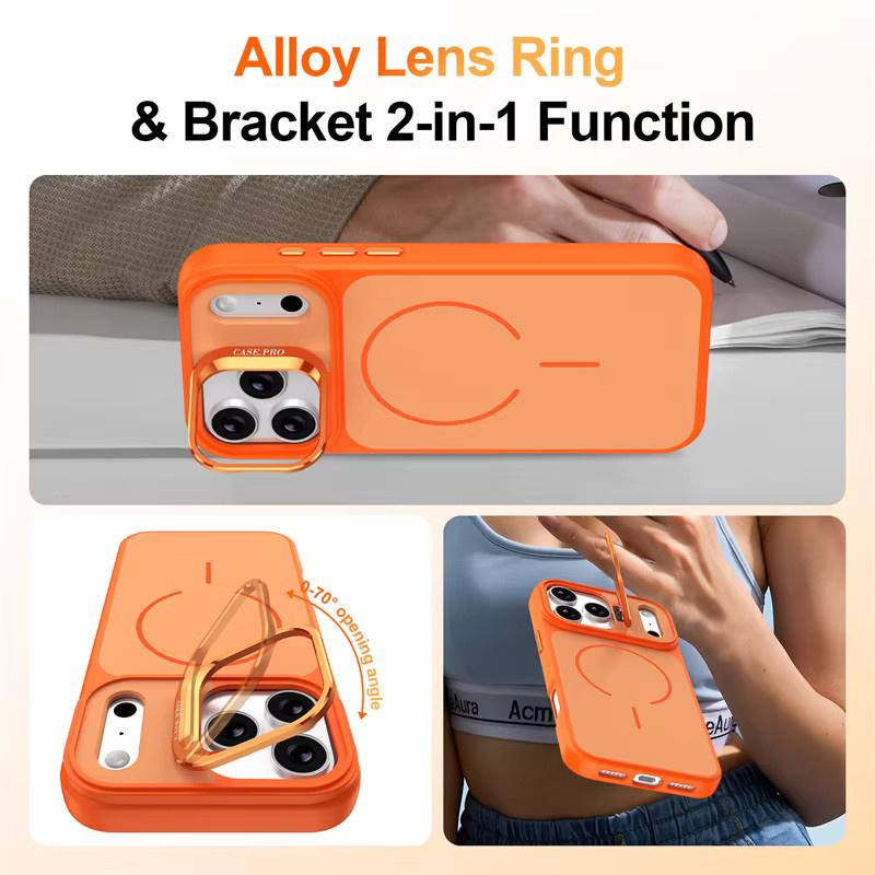 Magnetische MagSafe Kamera Ring Halterung und Ständer mit drehbarem Ring für Apple iPhone 17 Air 16 15 14 13 12 Pro Max, Stoßfeste Rückseite in Schwarz und Orange - Bild 3