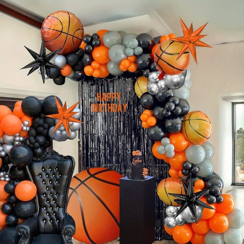 136 Stück Basketball Ballon Girlande Set in Orange und Mehrfarbig für deine Geburtstagsparty und Sport-Dekorationen mit Folienballons und Sternen aus Kunststoff - Bild 1