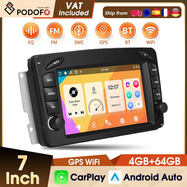 Podofo 2 DIN Autoradio mit 7 Zoll Display, GPS, WiFi, FM RDS und Mirror Link in Schwarz für Mercedes-Benz CLK (W209), E-Klasse (W210) und C-Klasse (W203) - Bild 1