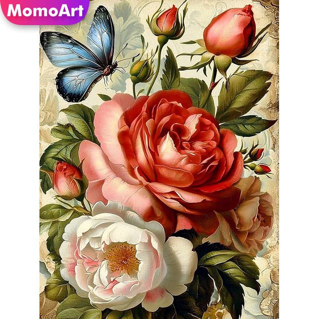 Momoart DIY Blumen-Diamant-Stickerei Pfingstrosen-Gemälde mit Schmetterling, buntes Diamant-Mosaik Set für Erwachsene, B/H: 30 x 20 cm - Bild 1