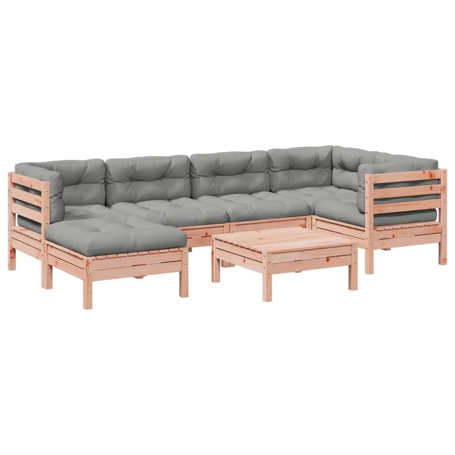 vidaXL 7-tlg. Garten-Sofagarnitur aus Massivholz Douglasie in L-Form mit Kissen und Ottoman, Farbe: Braun/Grau - Bild 2
