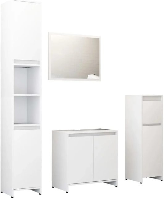 vidaXL 4-tlg. Badmöbel-Set Weiß aus Holzwerkstoff mit Spiegel, Hochschrank, Mittlerem Schrank und Waschbeckenunterschrank - Bild 1