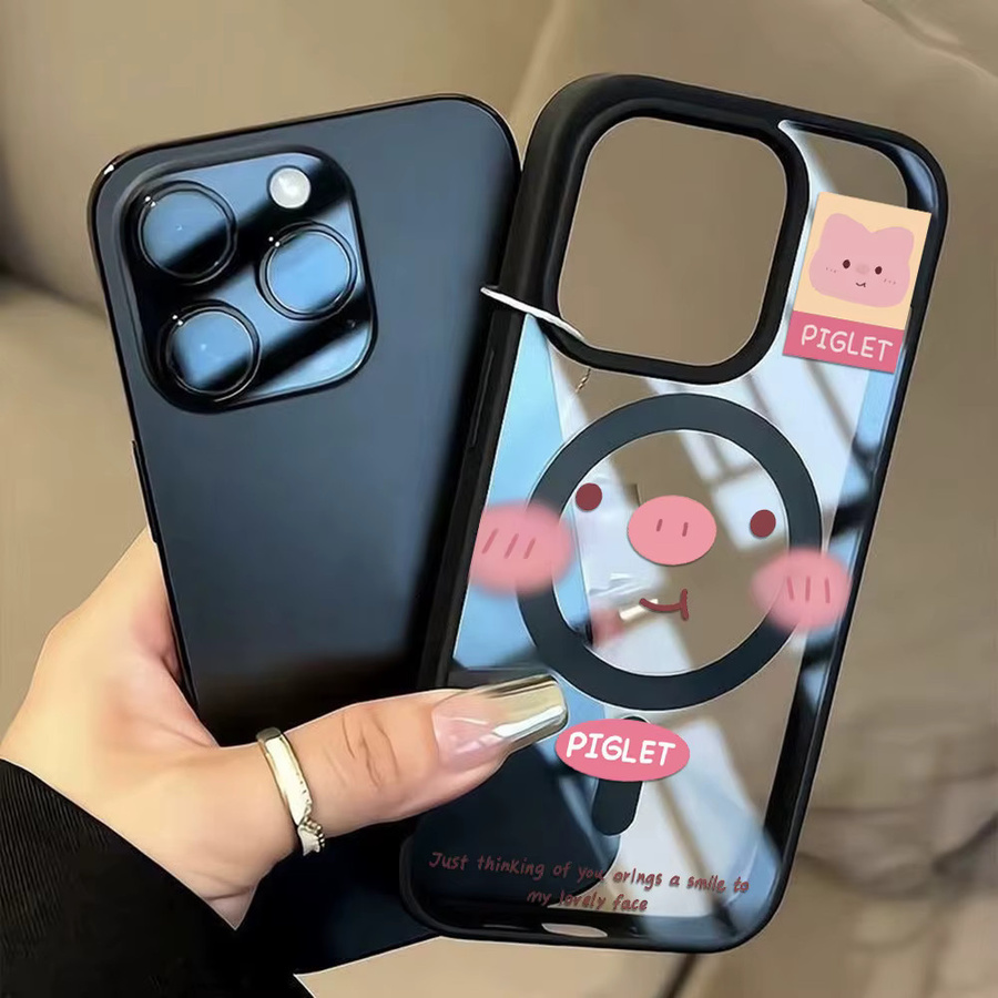 Caynes Magnetische Handyhülle mit Schwein-Design für iPhone 11 bis 17 Pro Max, Transparent Rosa, Stoßfeste Acryl Schutzhülle - Bild 3