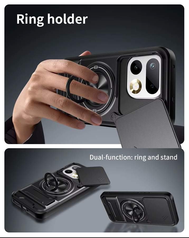 Armor stoßfeste Handyhülle für Oppo Realme 16 Pro+ 5G mit verschiebbarer Kamerakappe, integriertem Magnetring und Ständer in Schwarz oder Rot - Bild 3