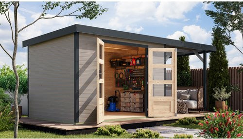 KARIBU Gartenhaus Osterby 4 D aus nordischem Fichtenholz mit Pultdach in Grau, B/H/T: 538 x 209 x 213 cm - Bild 1