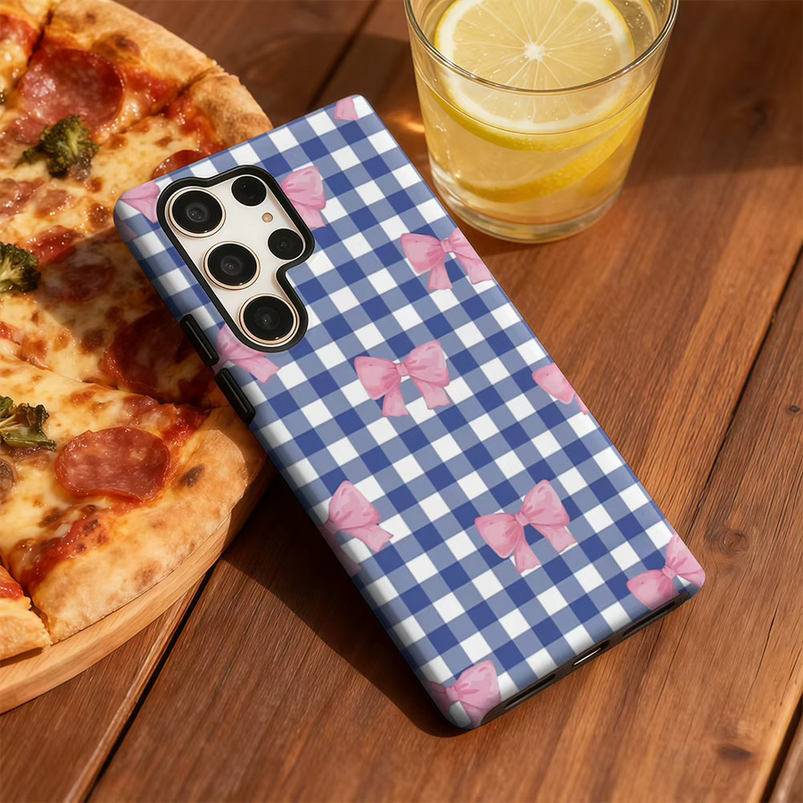 Stoßfeste Gingham Bow Flush Handyhülle für Samsung Galaxy S25 Ultra, S24 und S23 Ultra Plus in Blau mit doppellagiger Rückseite - Bild 5
