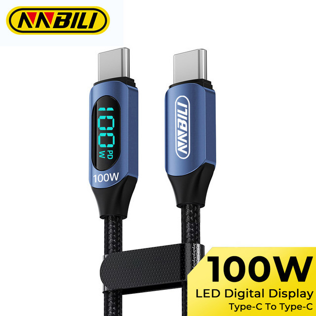 NNBILI 100W Typ-C zu Typ-C PD Schnellladegerät Display-Kabel in Schwarz für iPhone, Samsung und Huawei - Bild 1